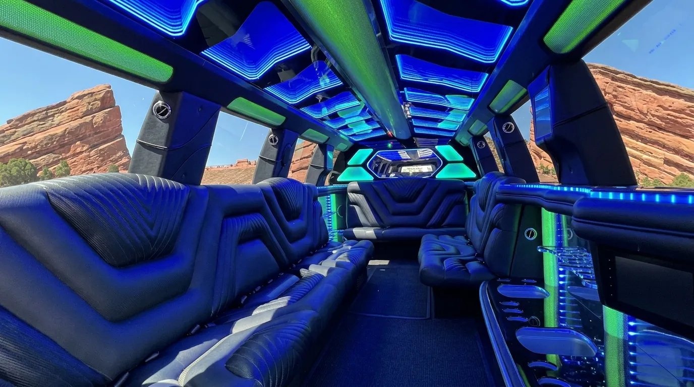 Inside the Chevy Suburban limo in Glenwood Colorado Springs: LED light-show ceiling, leather lounge seating and lit bar