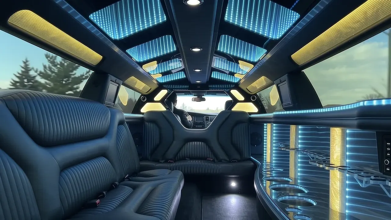 Inside the Dodge Charger limo in Glenwood Colorado Springs: LED light-show ceiling, leather lounge seating and lit bar