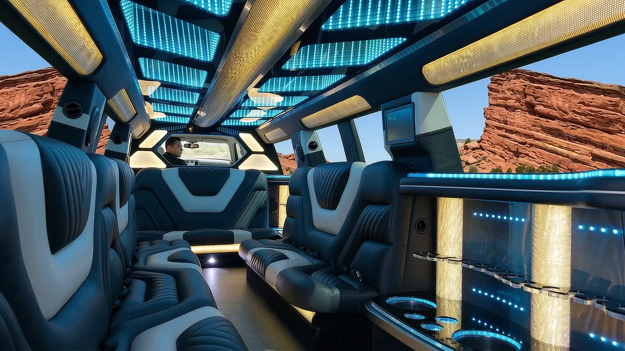 Inside the Mercedes GLS limo in Glenwood Colorado Springs: LED light-show ceiling, leather lounge seating and lit bar